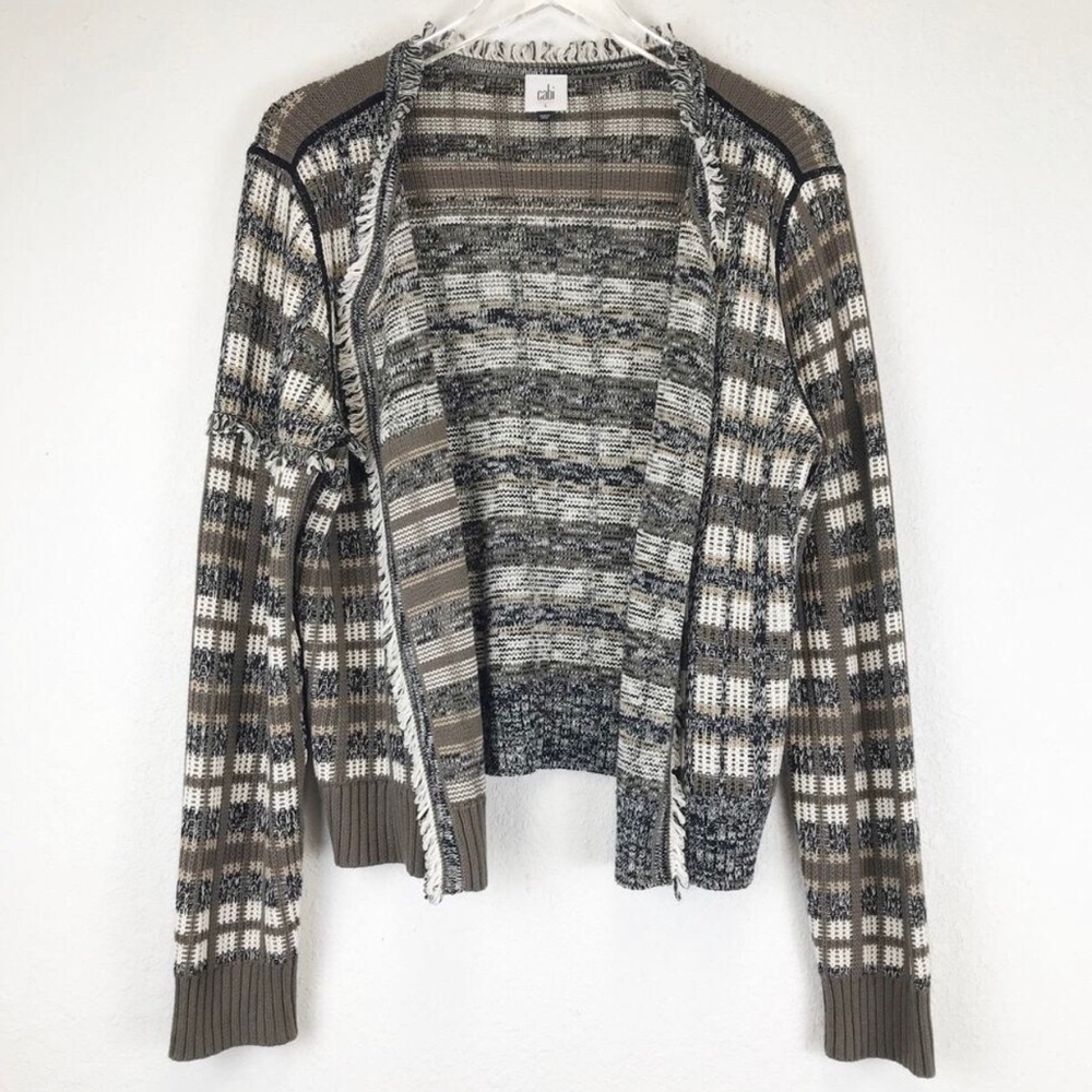 Cabi Classic Cardigan Plaid Fringe Open Front Knit Sweater Boho Brown Cotton L
